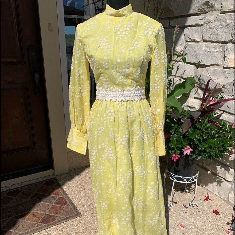 Vintage Rare Yellow Maxi Dress Flocked‎ Dots